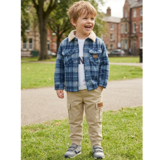 J15604: Boys Bench Sherpa Lined Check Shacket, T-Shirt & Cargo Pant Outfit (2-6 Years)